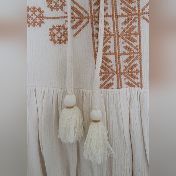 Knox Rose Dresses & Skirts - Boho Embroidered Tassel Peasant Top in Cream with Tan Stitching